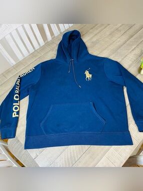 Polo Ralph Lauren Big Pony Hoodie Blue Gold Spell Out Sleeve Men’s Size XL